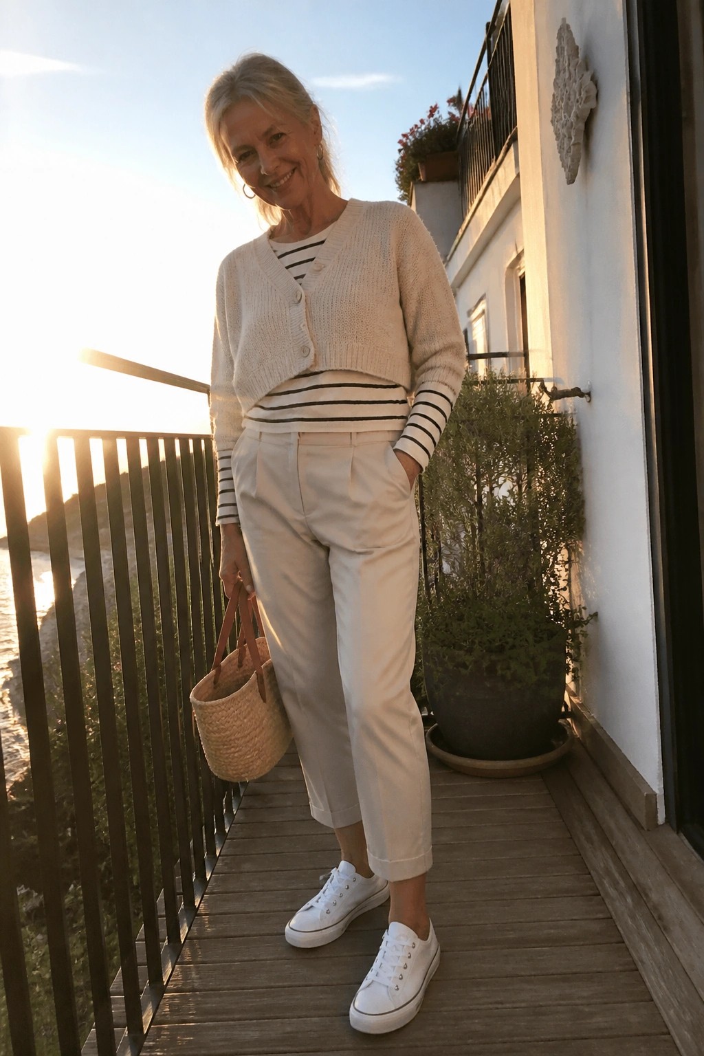 Smiling gray-haired woman in cream cardigan, striped top, and white pants on sunset balcony.