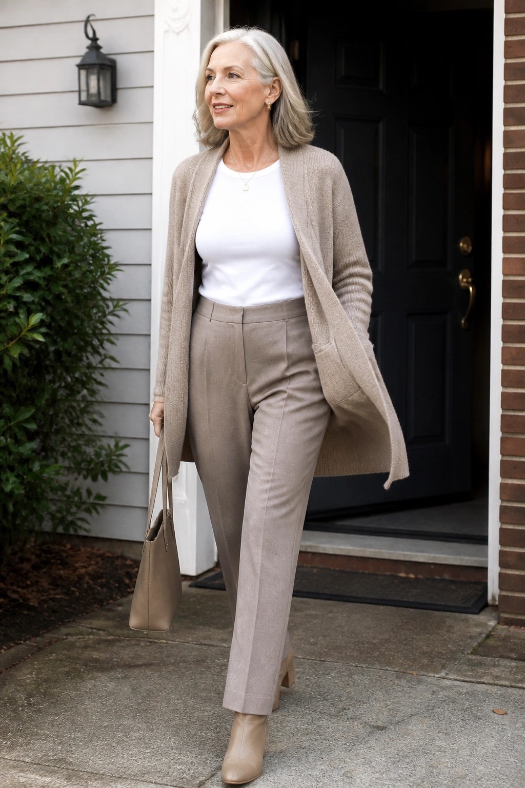 Elegant gray-haired woman in beige cardigan, pants, and boots holding a handbag.