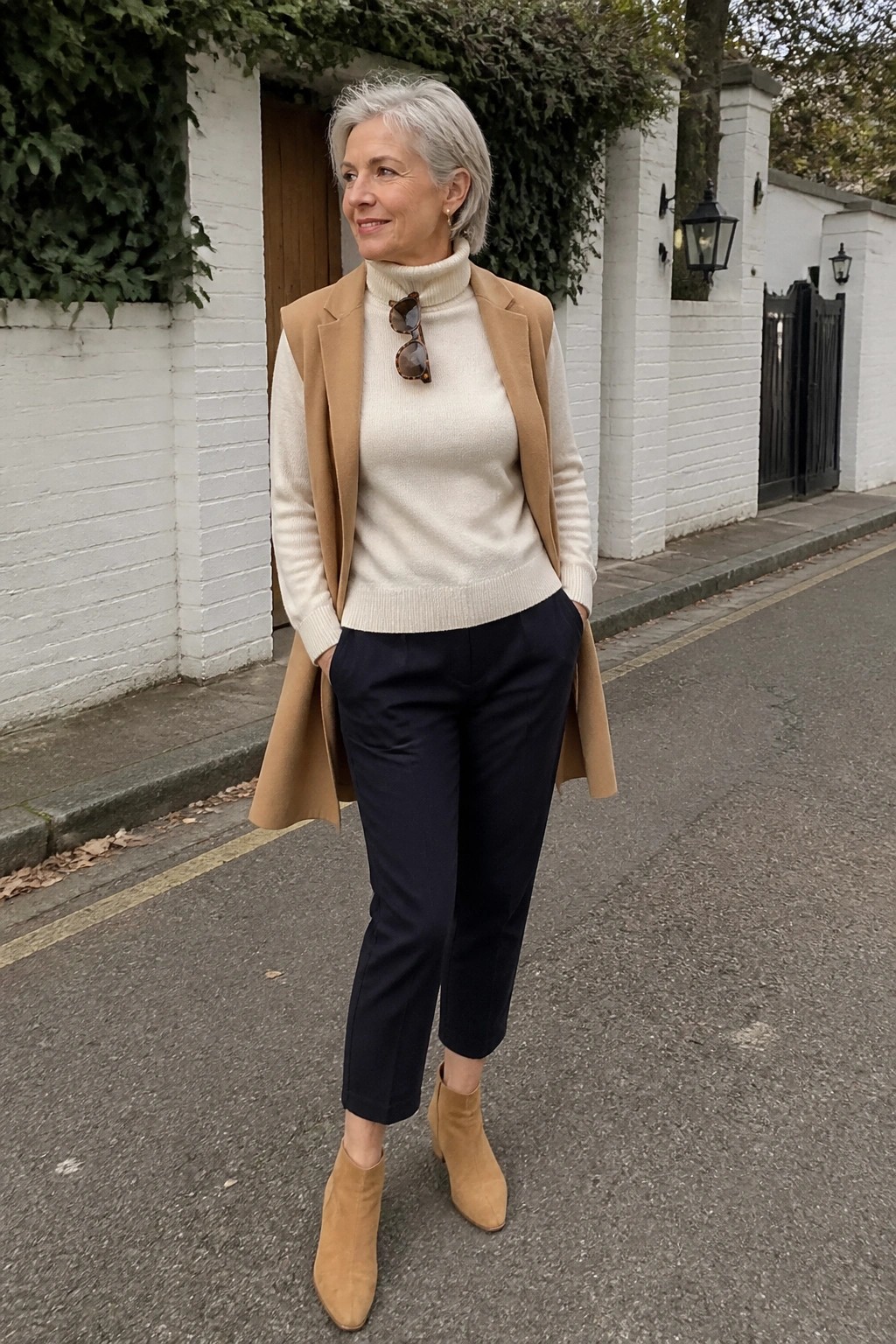 Woman with gray hair in cream turtleneck, tan vest, navy pants, and suede boots