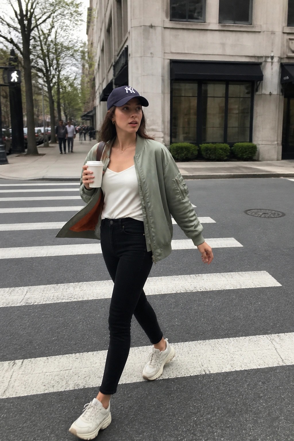 Woman in green bomber jacket and Yankees cap crosses city street with coffee