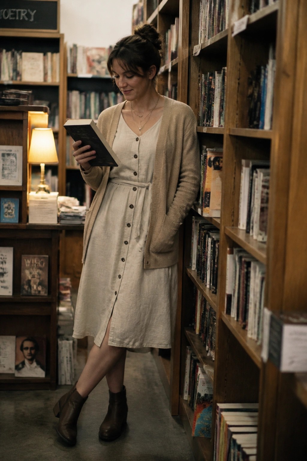 Woman wearing an open beige knit cardigan over a light beige button front dress with brown ankle boots.