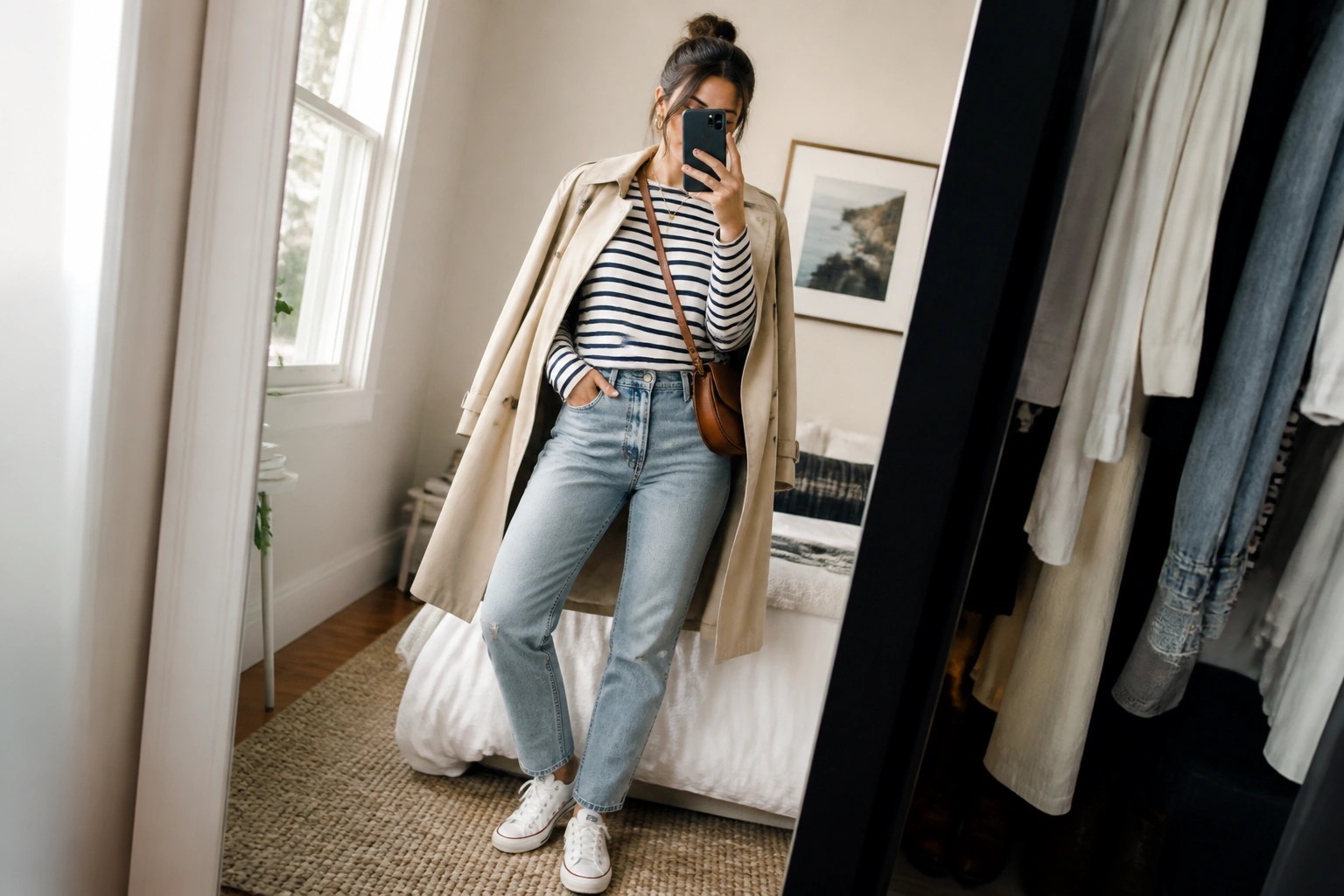 Woman in beige trench coat and striped shirt taking bedroom mirror selfie