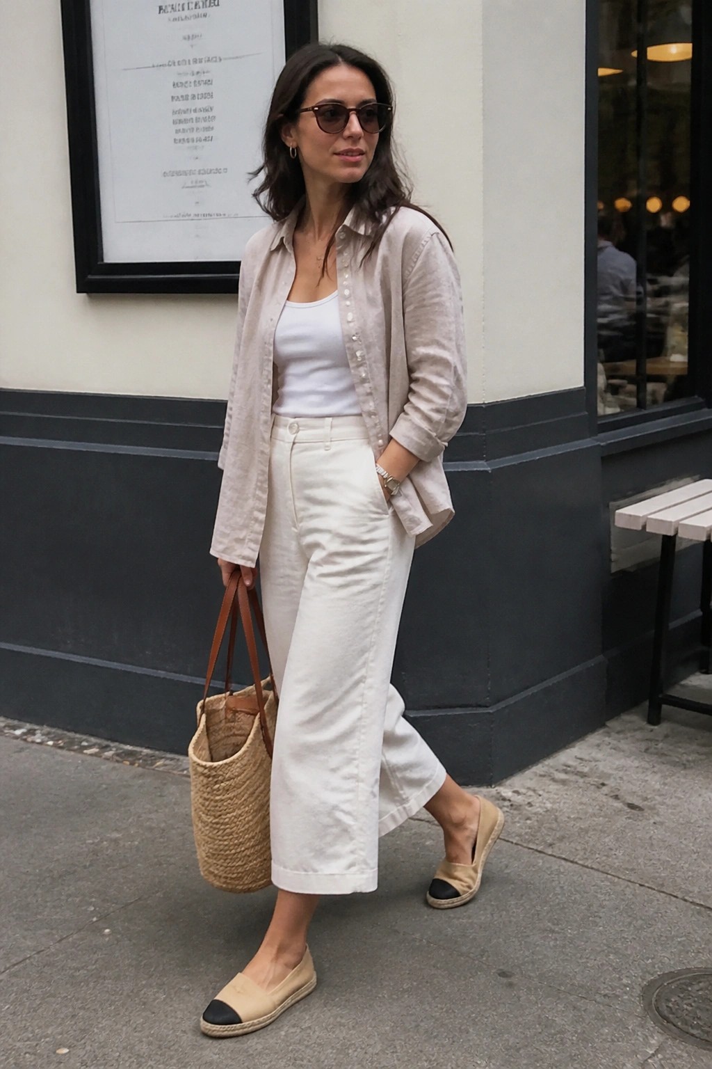 Woman wearing an open beige linen button up shirt over a white tank top paired with white wide leg pants beige two tone espadrilles and carrying a woven straw tote bag.