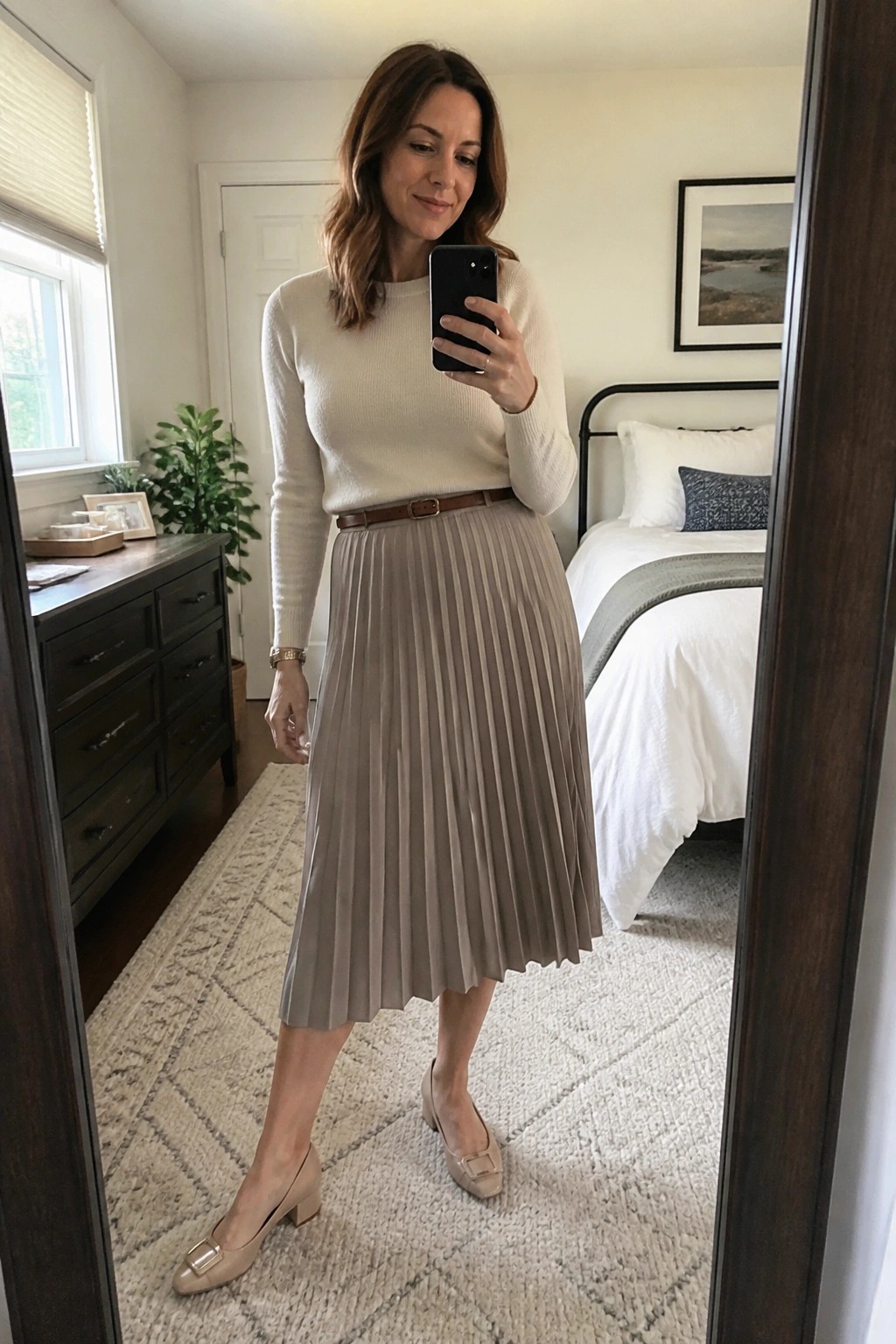 Woman in cream sweater and pleated taupe skirt taking bedroom mirror selfie