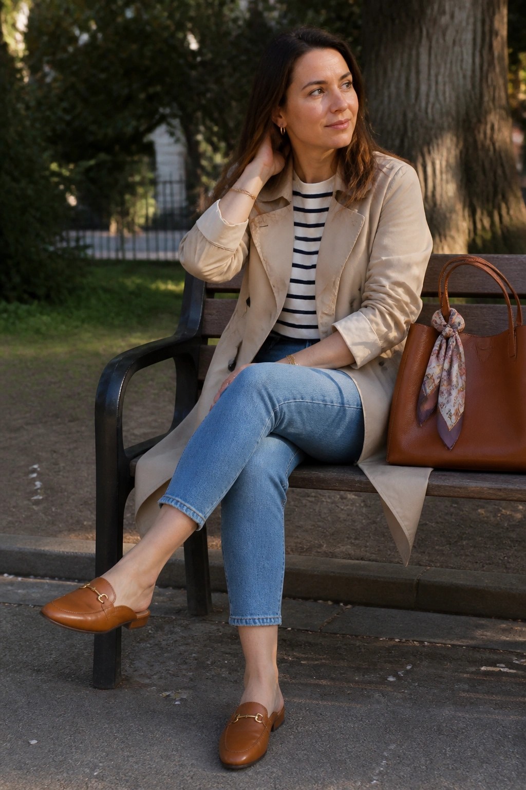 Woman in beige trench coat and jeans on park bench with brown handbag