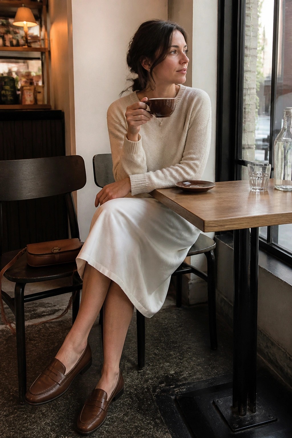 Woman in cream sweater and white skirt holding coffee at wooden cafe table.