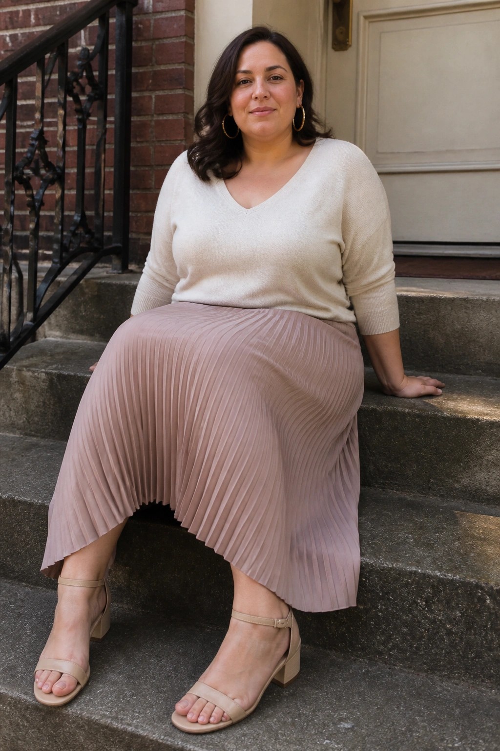 Woman in cream sweater and pleated skirt sitting on stone steps
