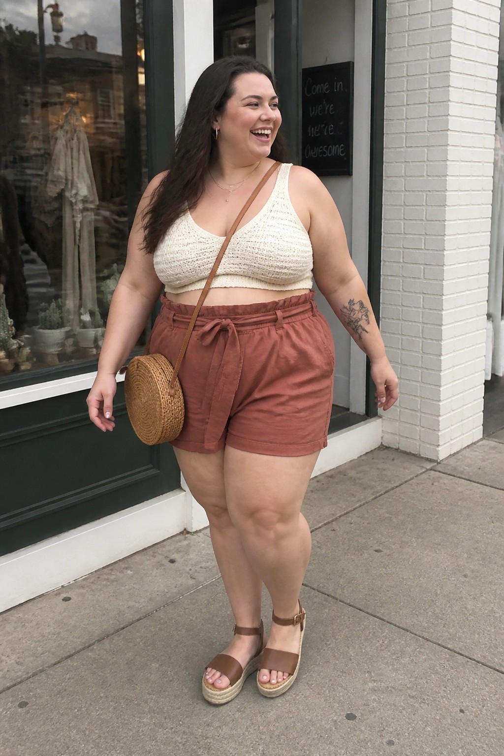 A plus size woman wearing a cream crochet crop top and terracotta shorts with brown platform sandals and a woven bag.