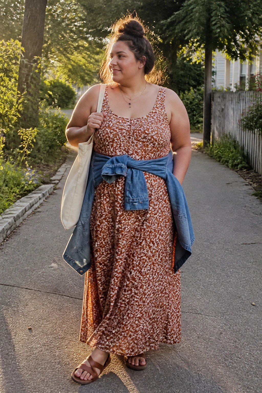 Plus size woman in rust floral maxi dress with denim jacket knotted at waist, canvas tote over one shoulder, layered necklaces, and brown sandals.