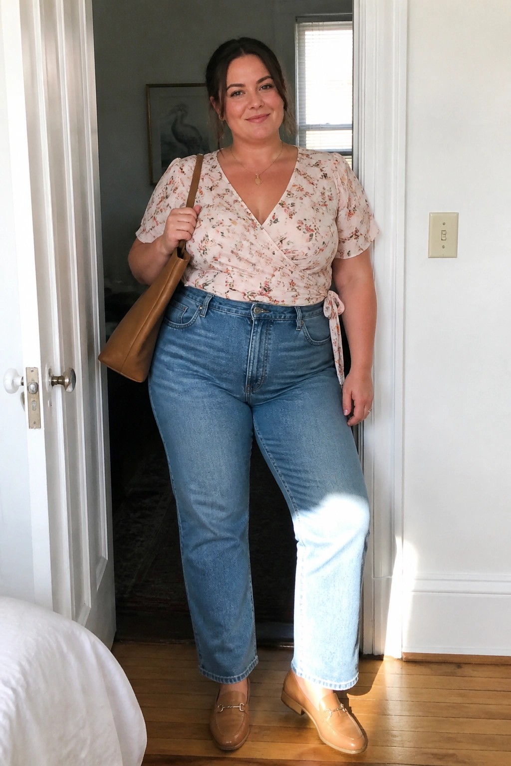 Woman in floral wrap top and blue jeans holding brown handbag in doorway