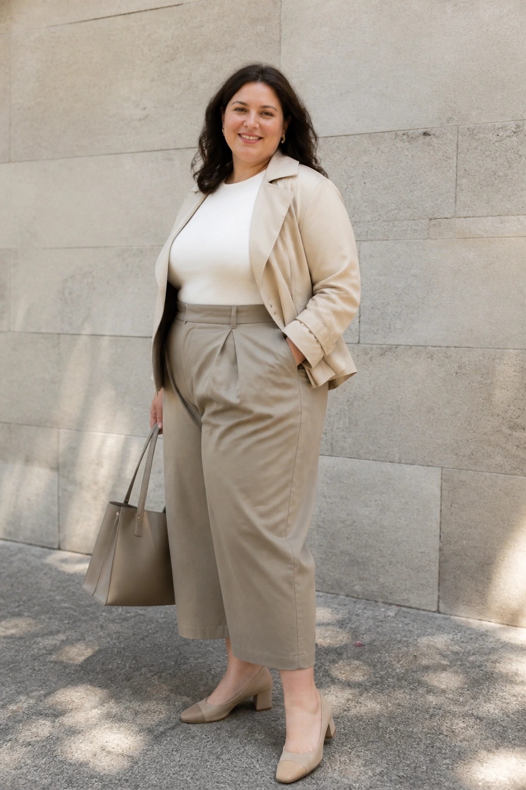 Smiling woman in beige blazer and wide trousers holding handbag by stone wall.