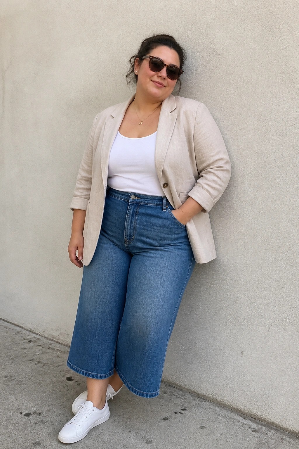 Woman in beige blazer, white tank top, blue wide-leg jeans, and white sneakers by wall
