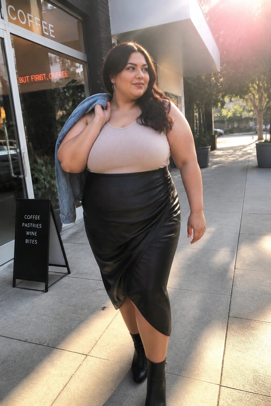 Woman in beige top and black leather skirt holding denim jacket outside coffee shop