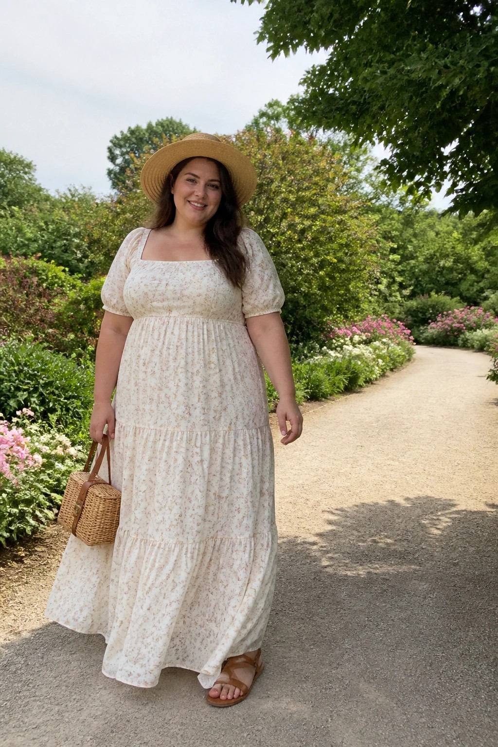 Woman in tiered floral maxi dress and straw hat holding wicker bag on garden path
