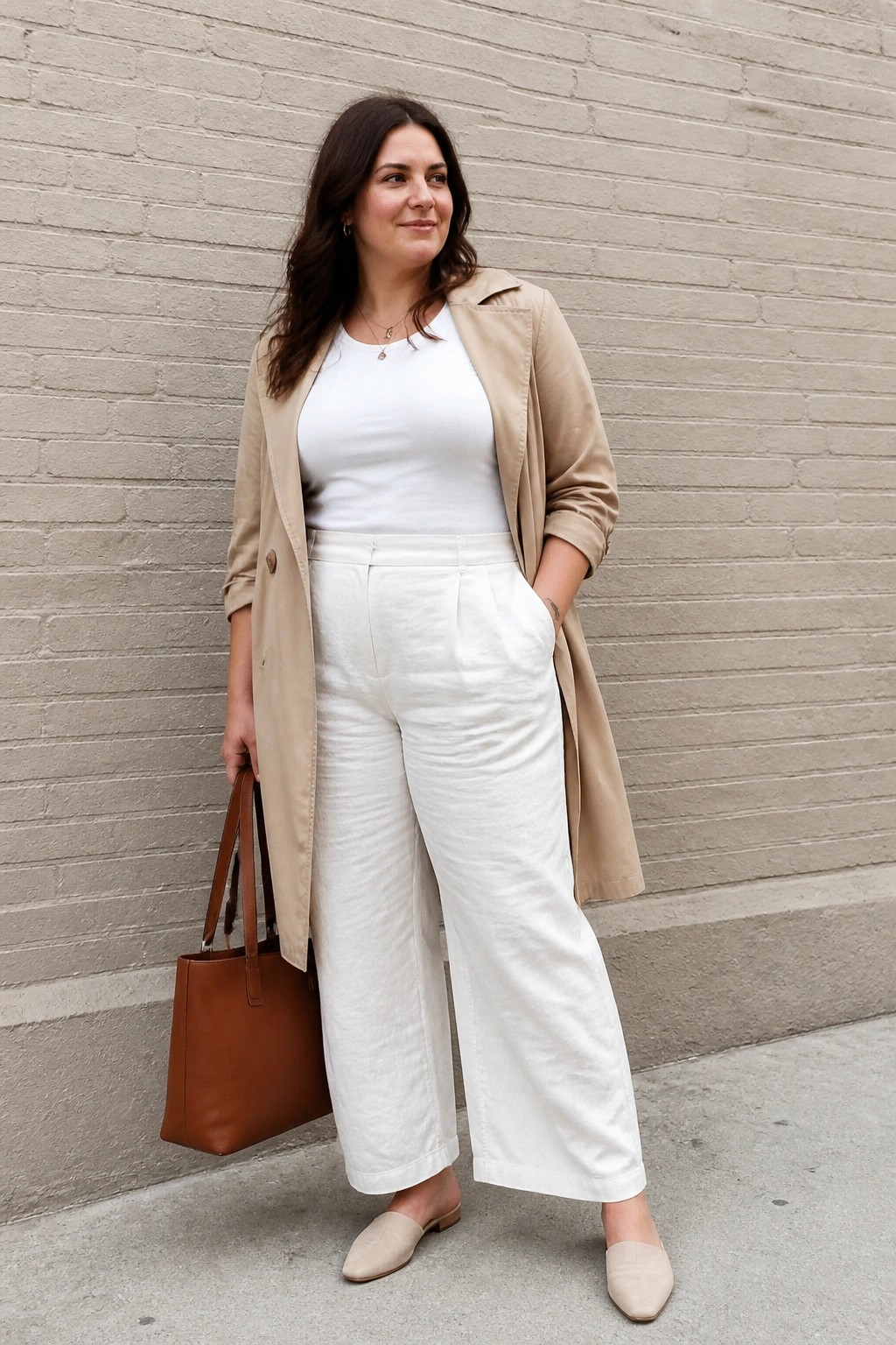Plus size woman wearing a beige trench coat open over a white t-shirt and white wide leg pants, holding a brown leather tote bag, with beige flat mules.