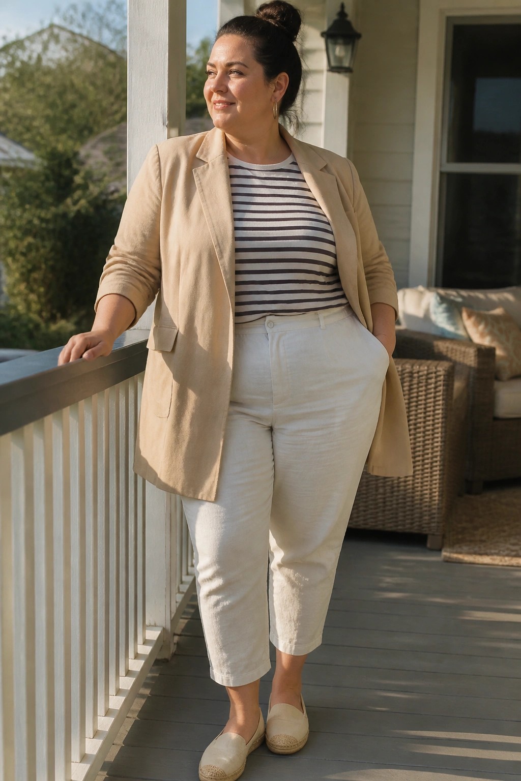 Woman in beige blazer over striped shirt with white pants on porch