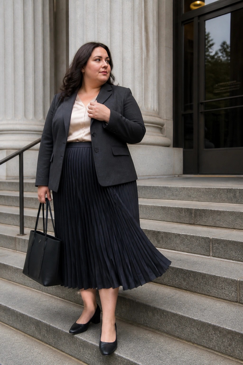 Woman in gray blazer and black pleated skirt holding tote bag on stone steps.