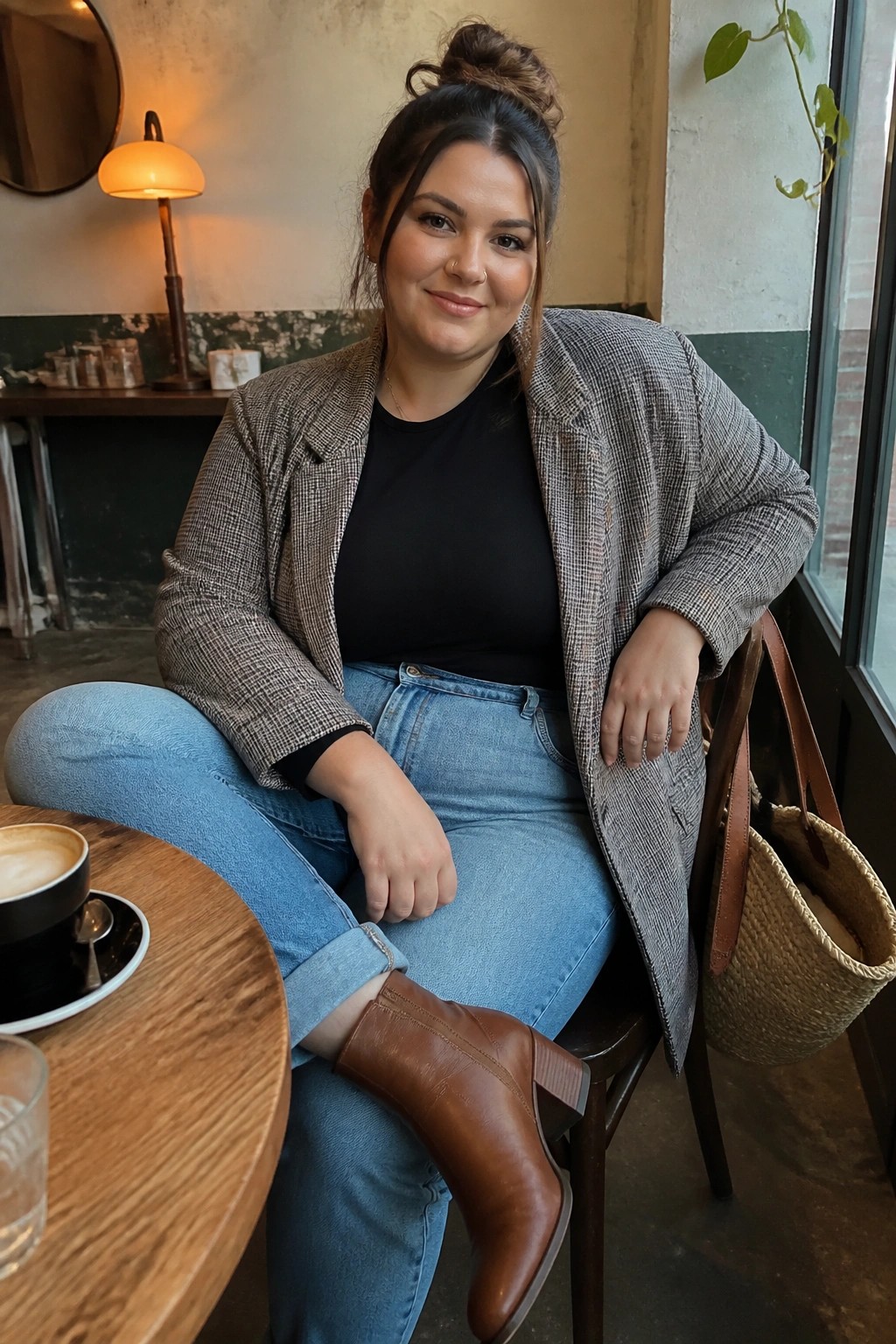 Plus size woman wearing a brown and gray houndstooth blazer over a black top with light blue cuffed jeans and brown ankle boots, seated in a cafe with a woven bag nearby.