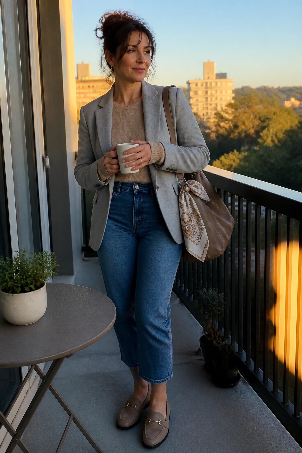 Woman in gray blazer and jeans holds mug on city balcony at dusk