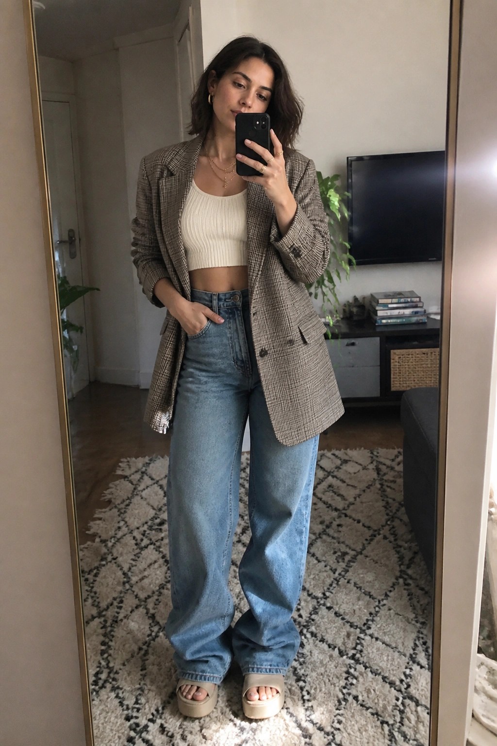 Woman wearing an open plaid blazer over a cream ribbed crop top with light blue wide leg jeans and beige platform sandals, accessorized with layered gold necklaces and rings.