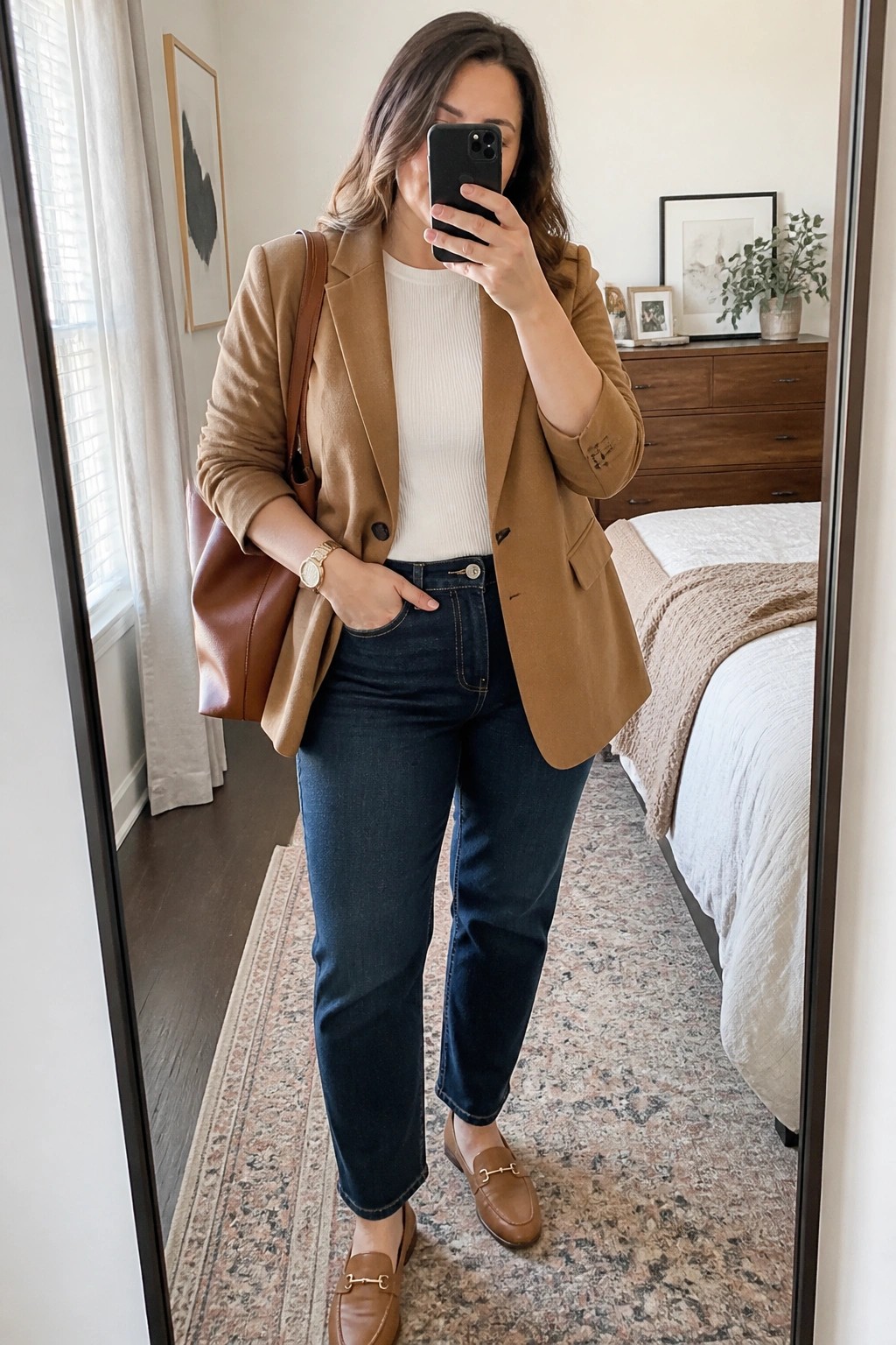 Woman in tan blazer and jeans taking mirror selfie in bedroom