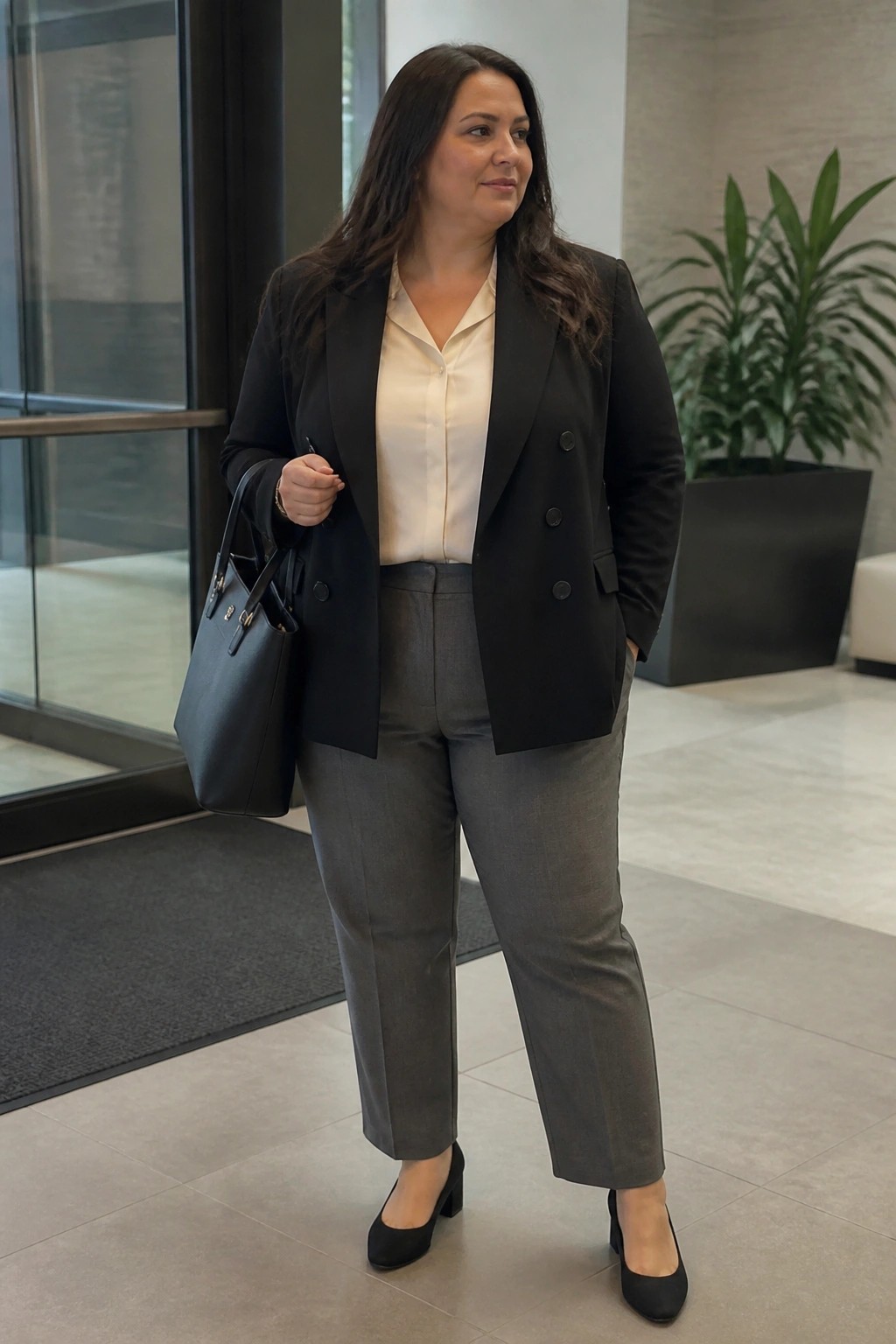 Plus size woman wearing a black double breasted blazer over a cream blouse with gray straight leg trousers, black handbag, and black block heel shoes in a professional setting.