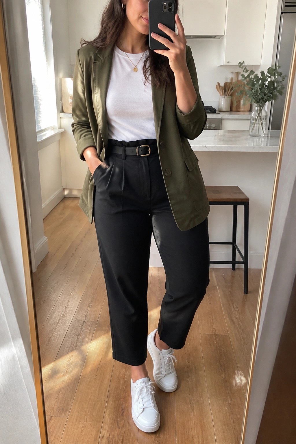 Woman in olive blazer, white tee, black pants taking kitchen mirror selfie