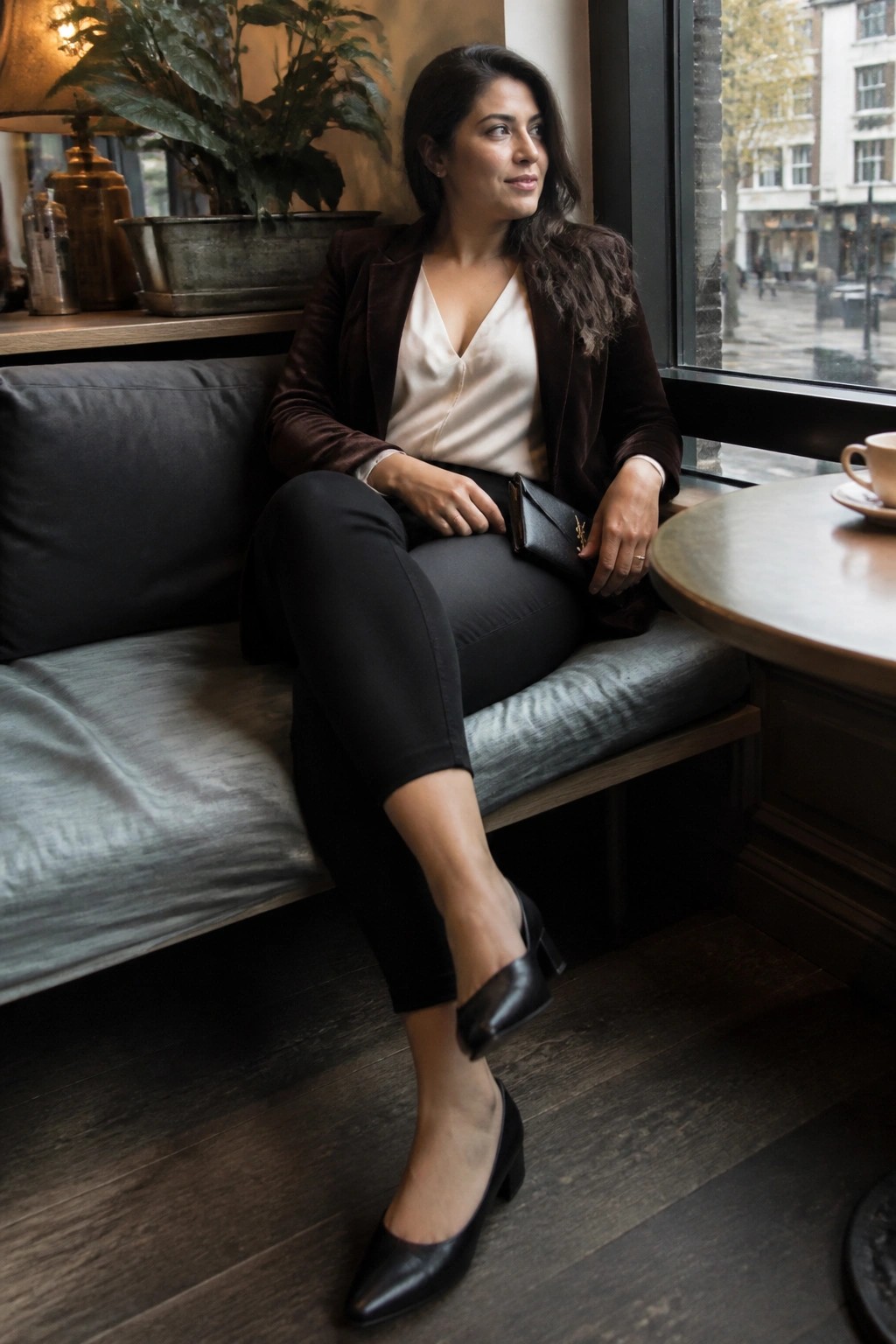 Plus size woman wearing a brown velvet blazer over a cream satin camisole paired with black slim pants and black pointed toe block heel shoes while holding a small black clutch.