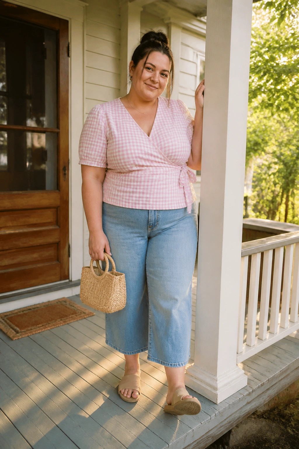 Plus size woman in pink gingham wrap top with side tie light blue denim capri jeans beige slides and straw bag standing on porch.