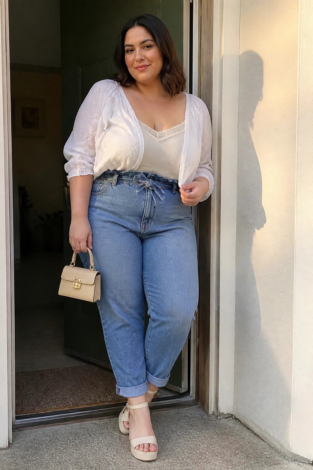 Plus size woman wearing light blue cuffed boyfriend jeans with a waist tie, a beige lace trim camisole, and a white sheer polka dot blouse layered on top, holding a small beige handbag and wearing matching platform sandals.