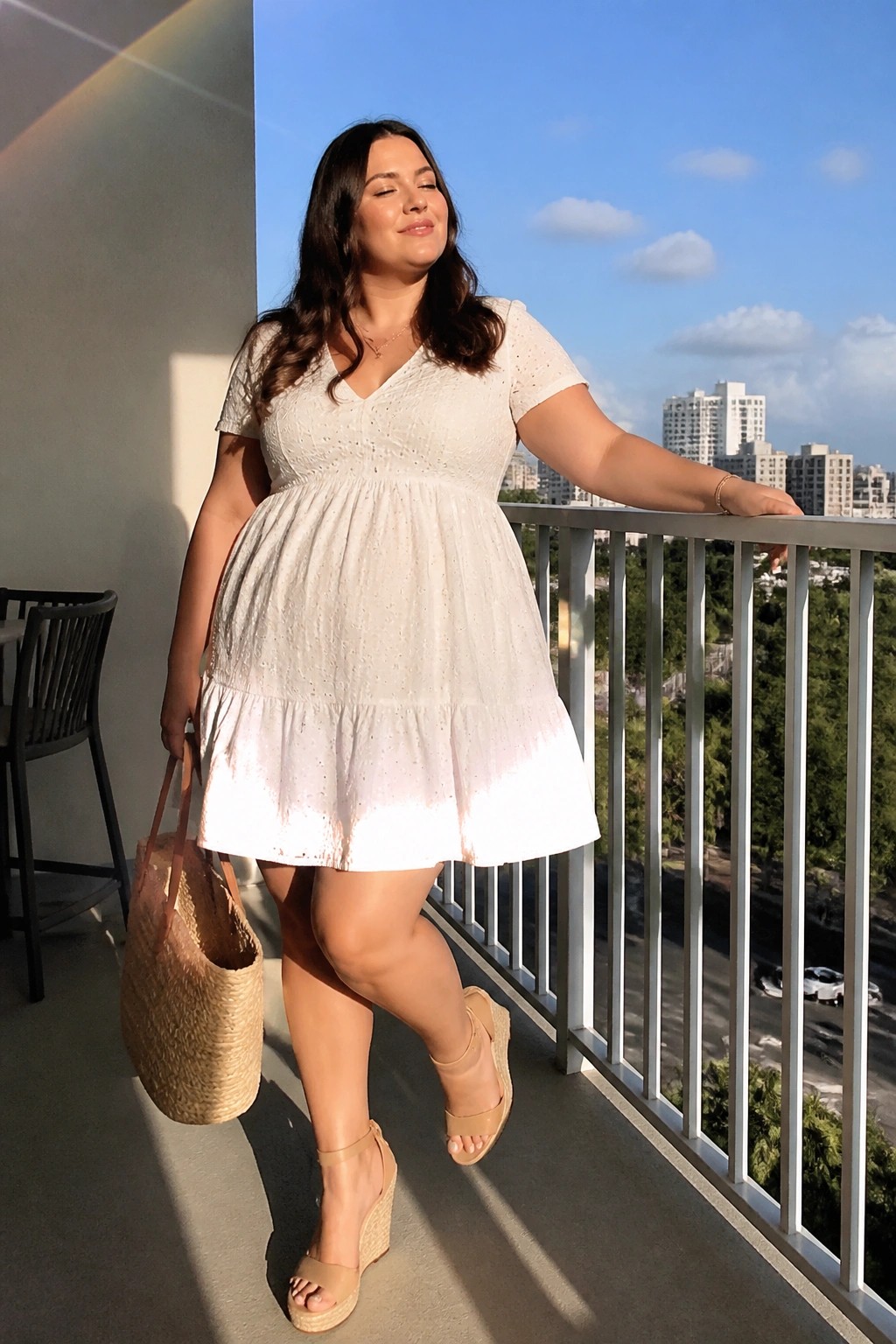 Woman in white eyelet dress holding straw tote on sunny city balcony