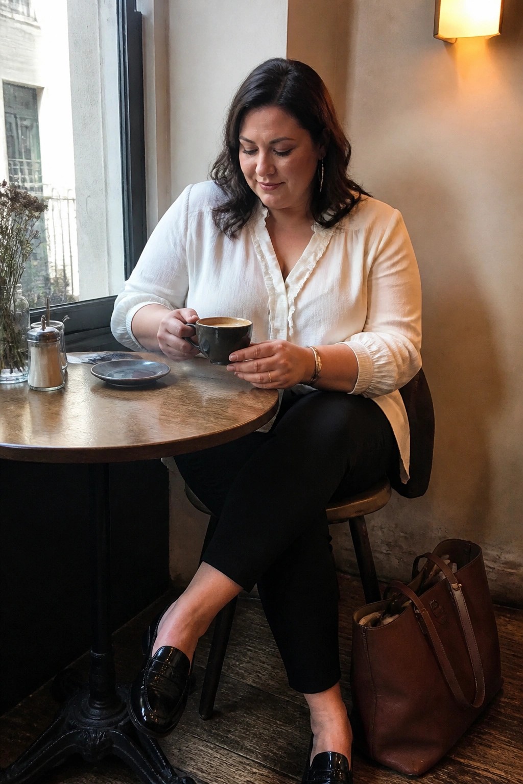 plus size woman wearing a white ruffled blouse tucked into black cropped pants with black patent loafers and a brown leather tote