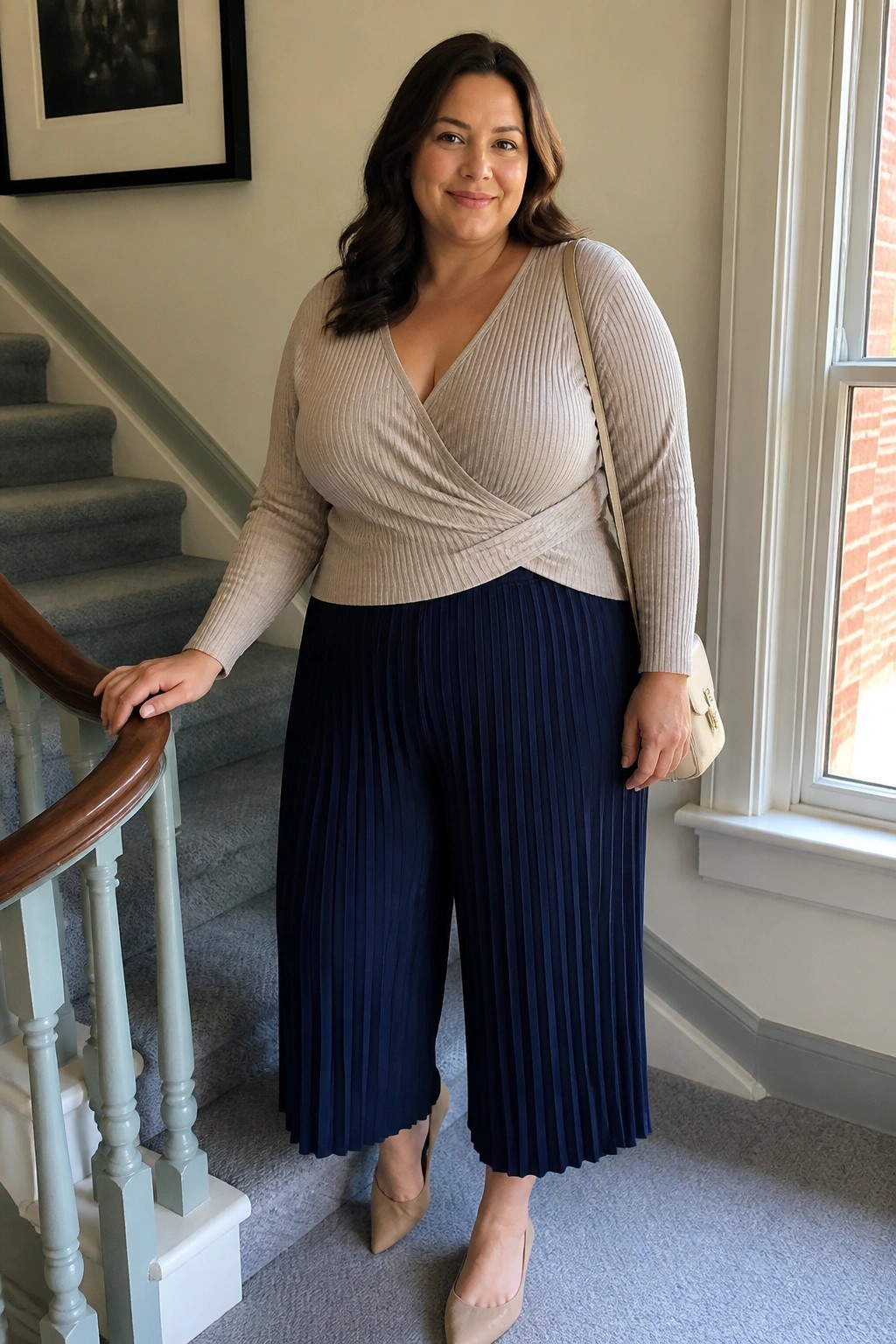 Woman in beige wrap sweater and navy pleated pants standing by staircase