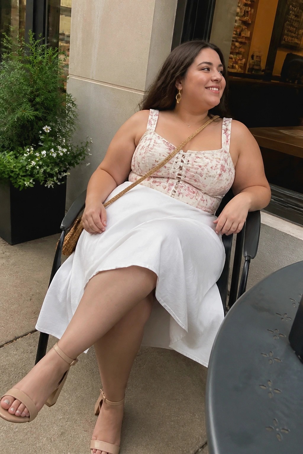 Plus-size woman in floral lace-up top and white skirt seated outdoors with woven purse.