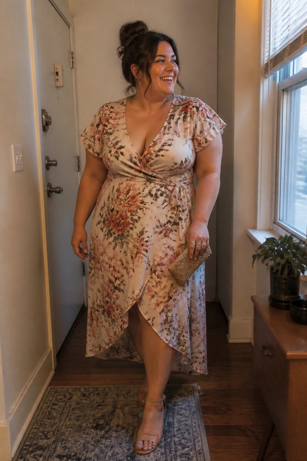 Smiling plus-size woman in floral wrap dress holding clutch in hallway