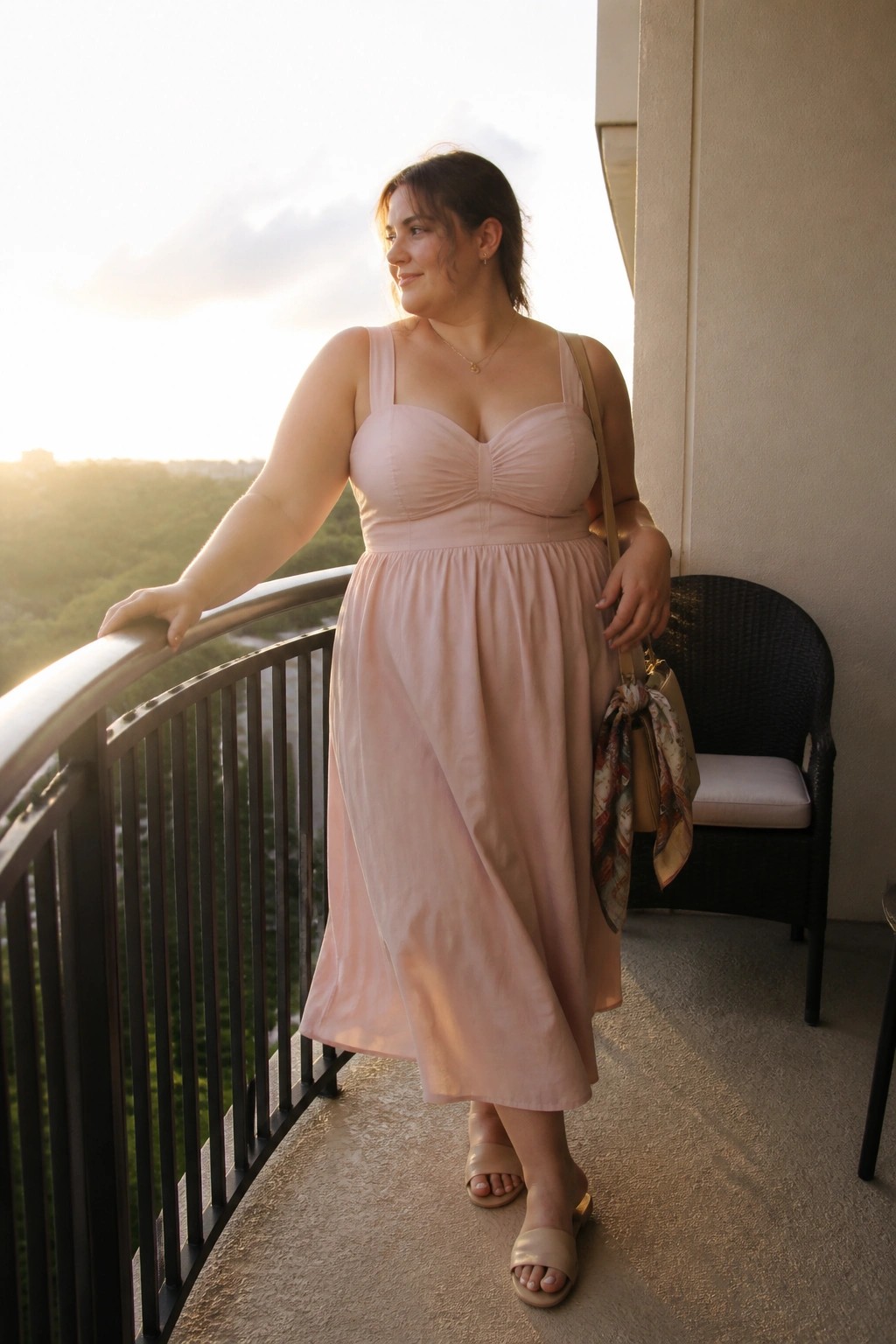 Plus size woman in a pale pink midi dress with sweetheart ruched bust and flowing skirt paired with beige slide sandals and a beige handbag accented by a patterned scarf.