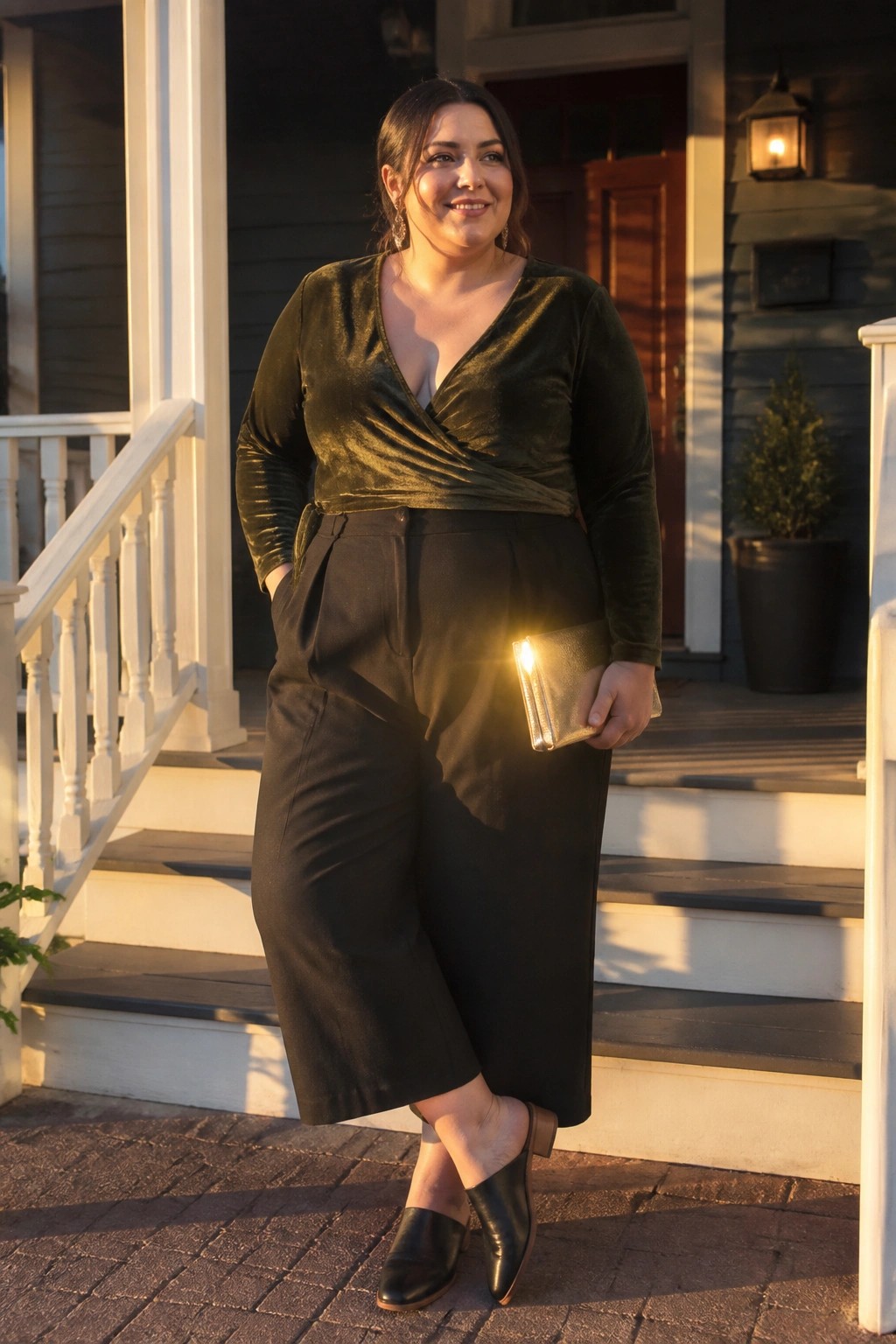 Woman in green velvet top and black pants holding gold clutch on porch steps