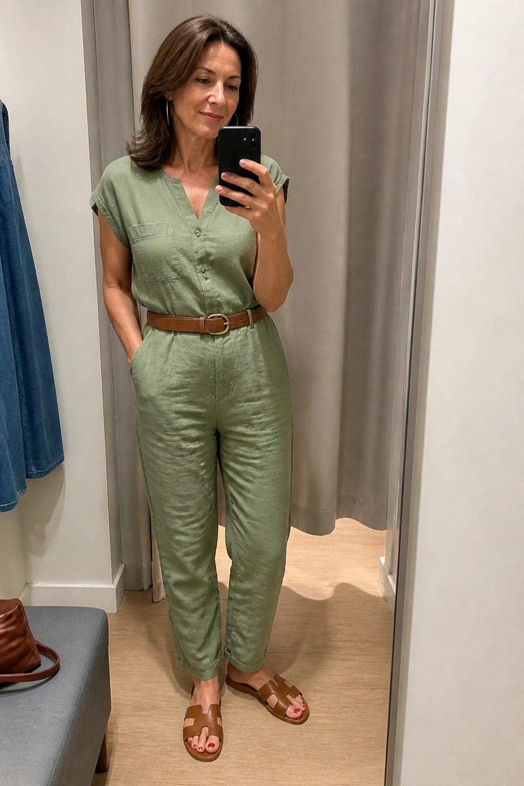 Woman in sage green linen jumpsuit with brown belt and matching sandals taking a mirror selfie.