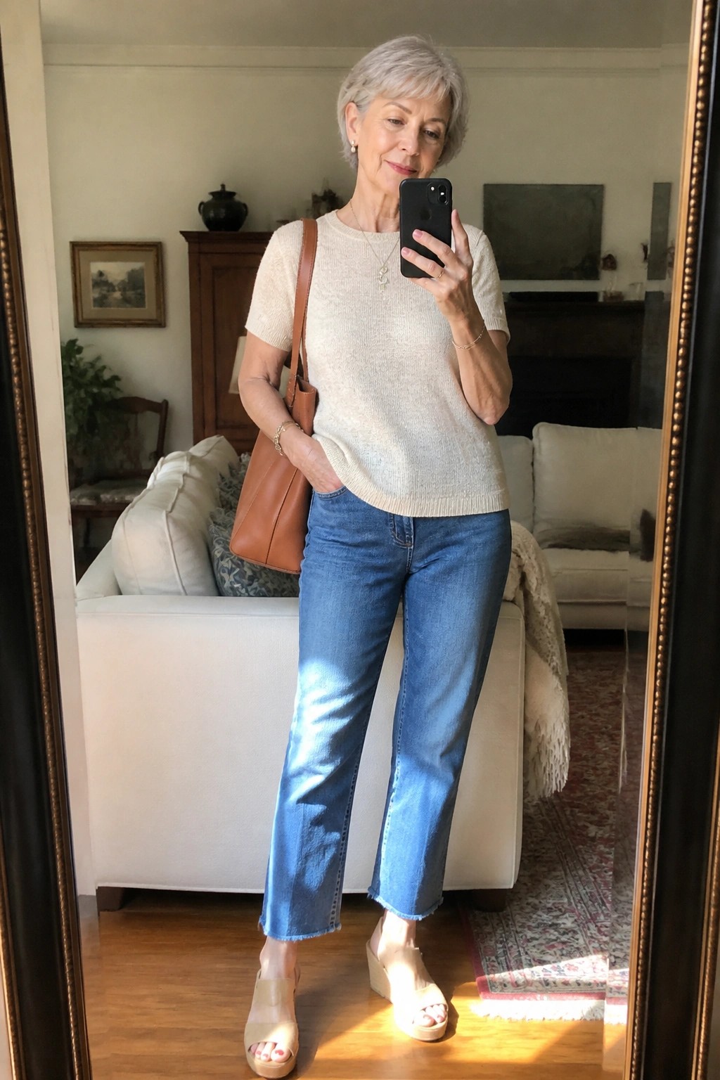 Gray-haired woman in cream sweater and blue jeans taking mirror selfie with brown bag