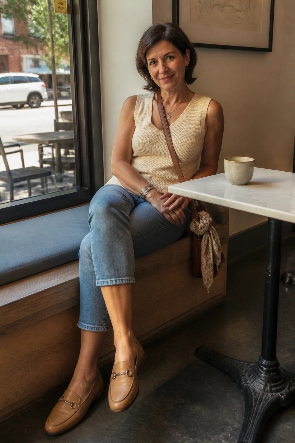 Woman in cream knit top and jeans seated at cafe window with leather bag