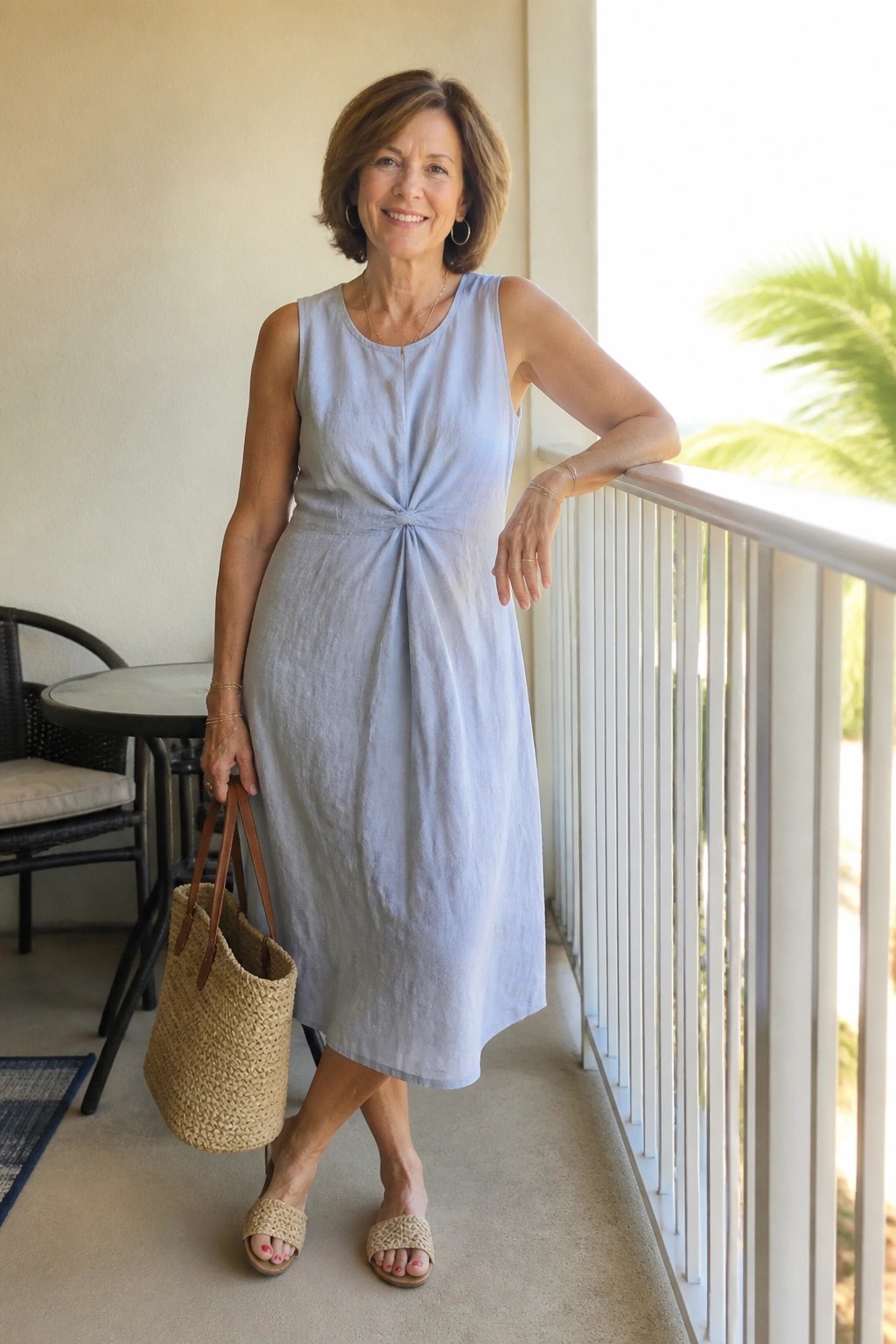 Woman in light blue sleeveless midi dress featuring a front twist knot detail, holding a woven straw tote, and wearing matching woven slide sandals.