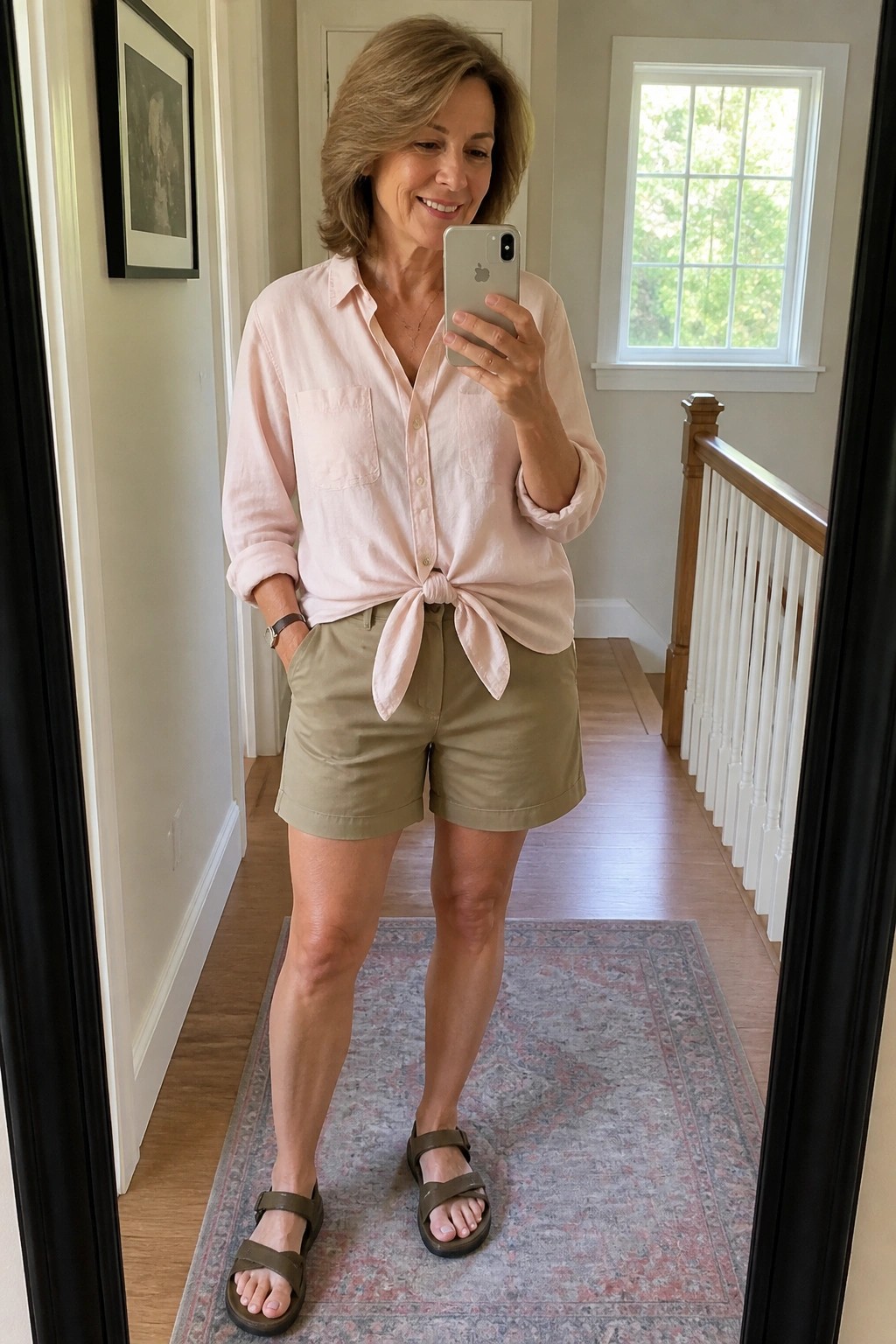 Woman in pink tied shirt and khaki shorts taking mirror selfie in hallway