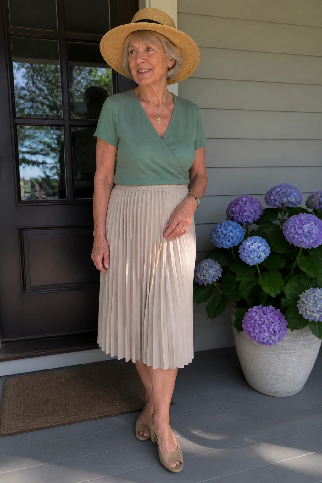 Elderly woman in sage green wrap top and pleated beige skirt with straw hat by hydrangeas