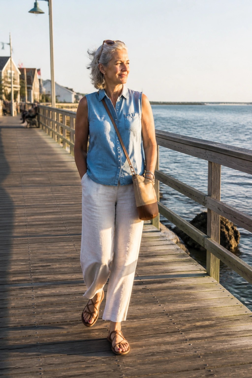 Woman over 50 wearing a sleeveless blue chambray button front shirt tucked into white wide leg pants with brown strappy sandals and a two tone crossbody bag.
