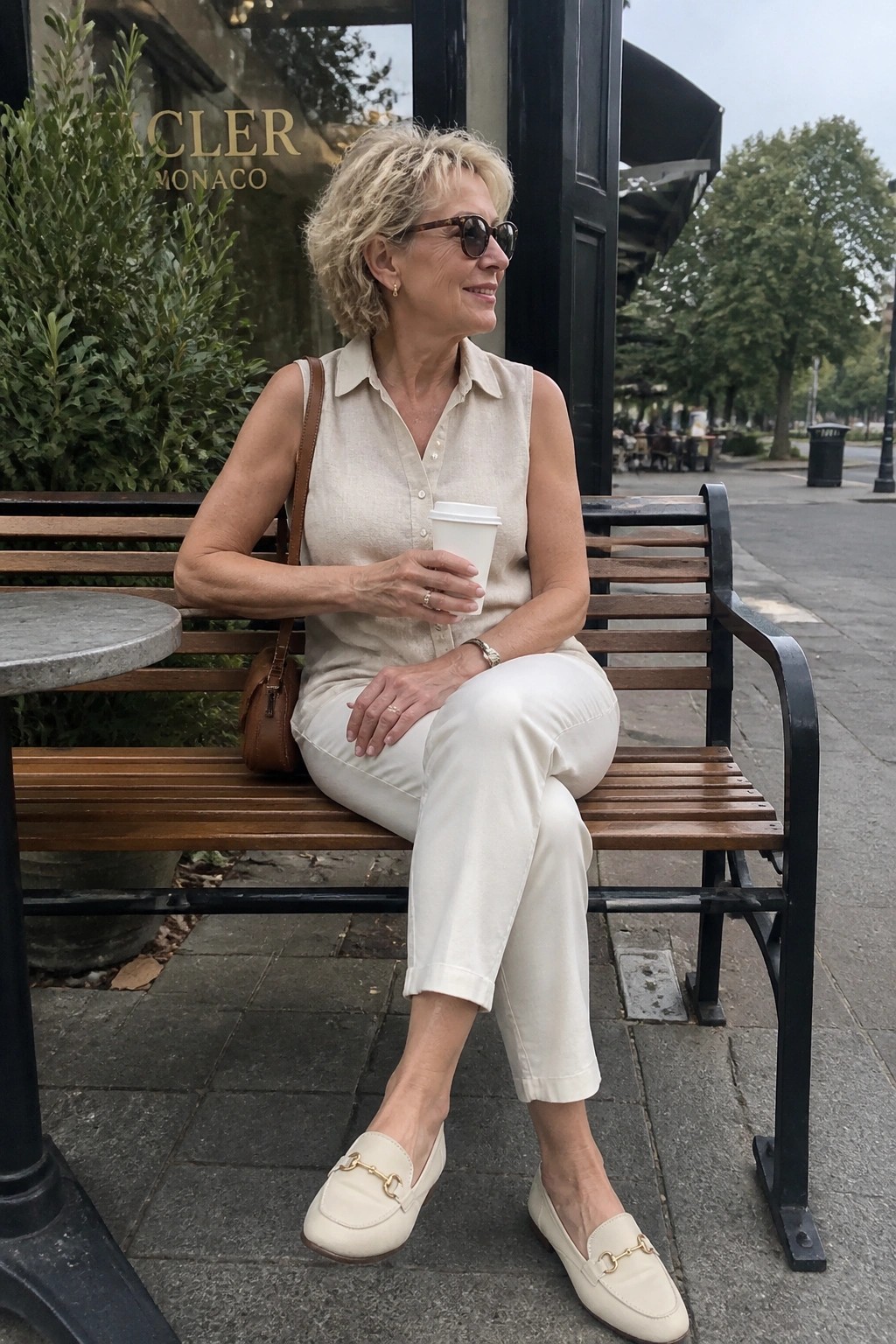 Blonde woman in beige top and white pants on bench holding coffee outdoors