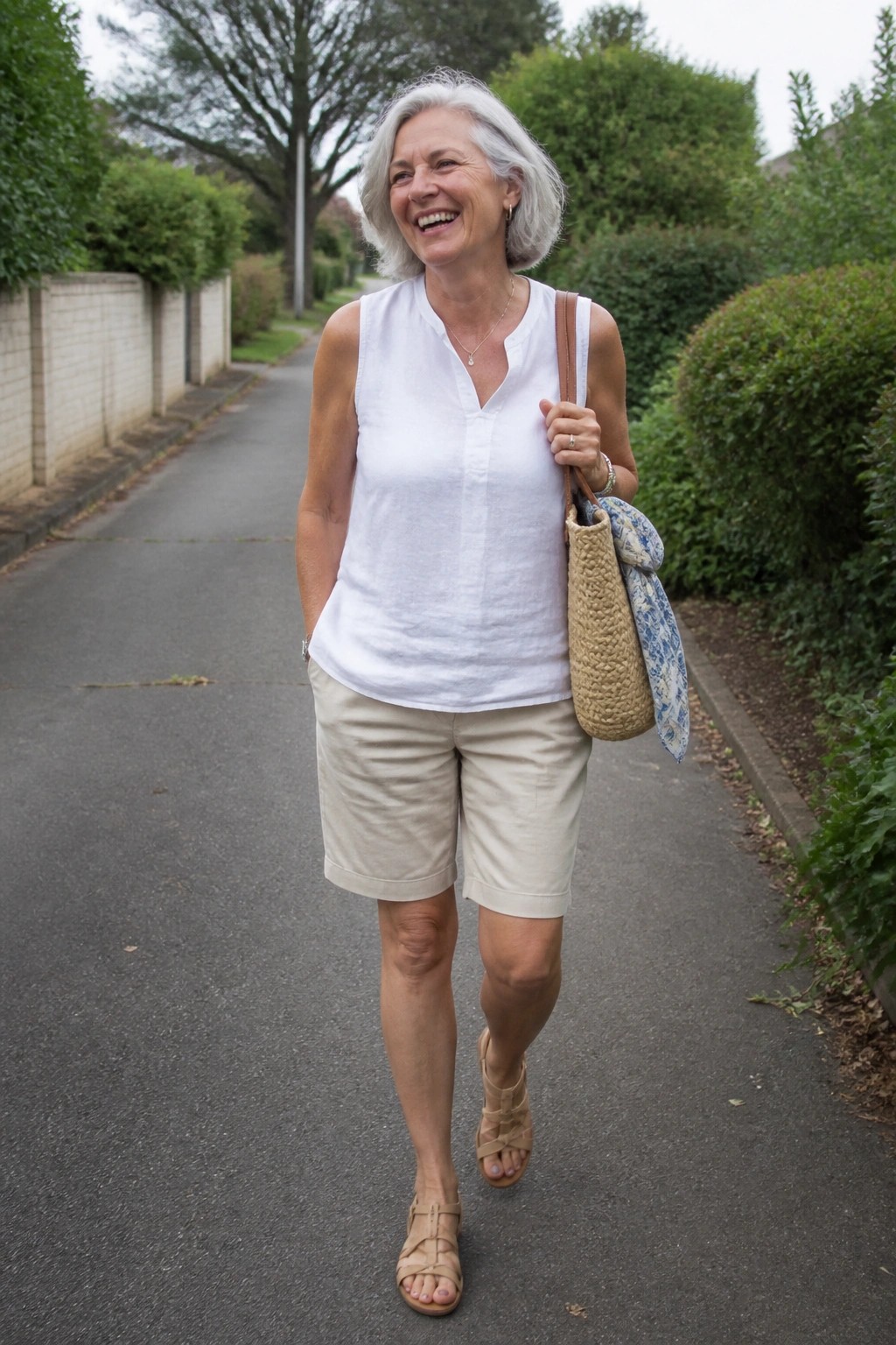 Smiling gray-haired woman in white top and beige shorts walks on path carrying woven bag