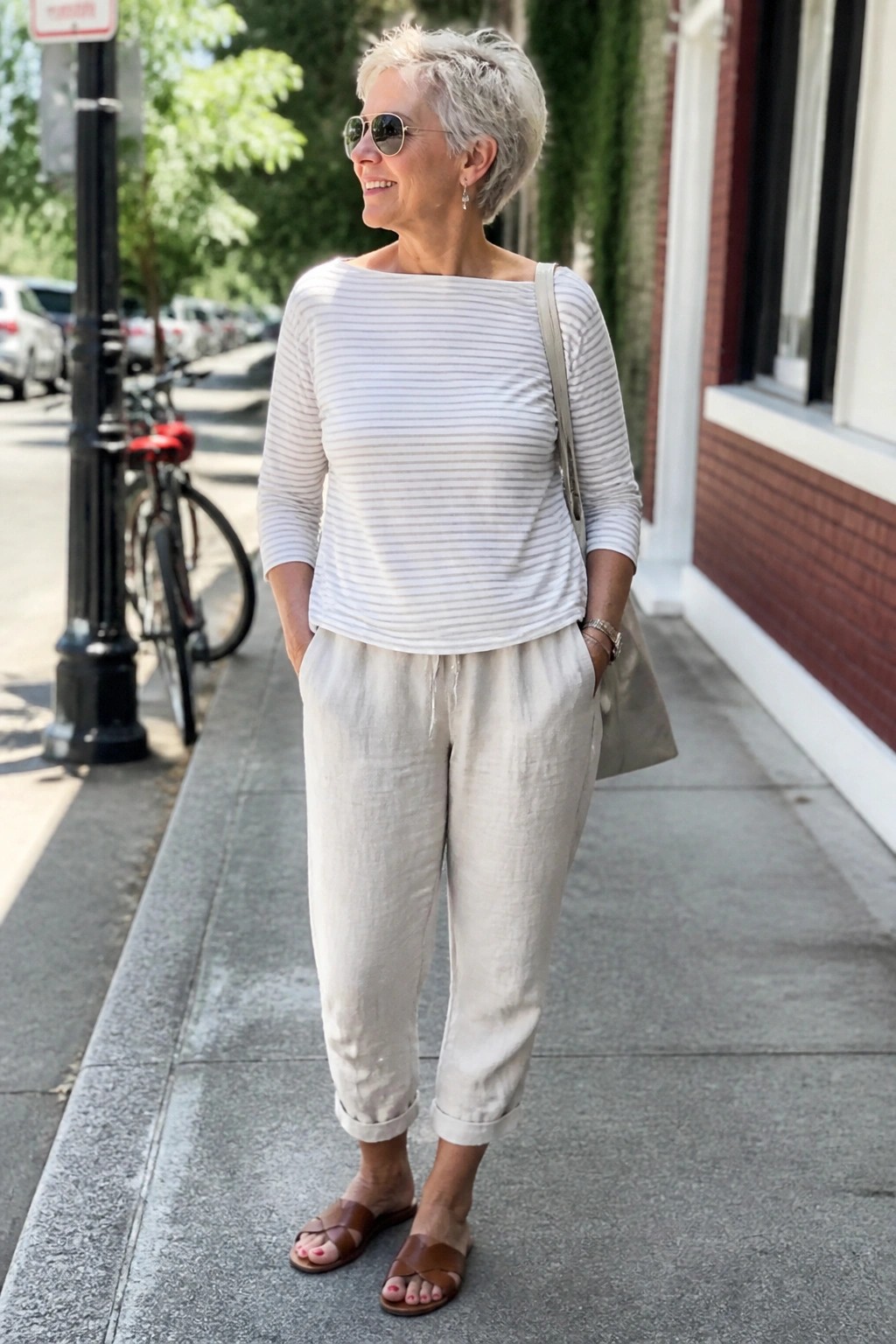 Smiling woman in striped top and linen pants on sunny sidewalk