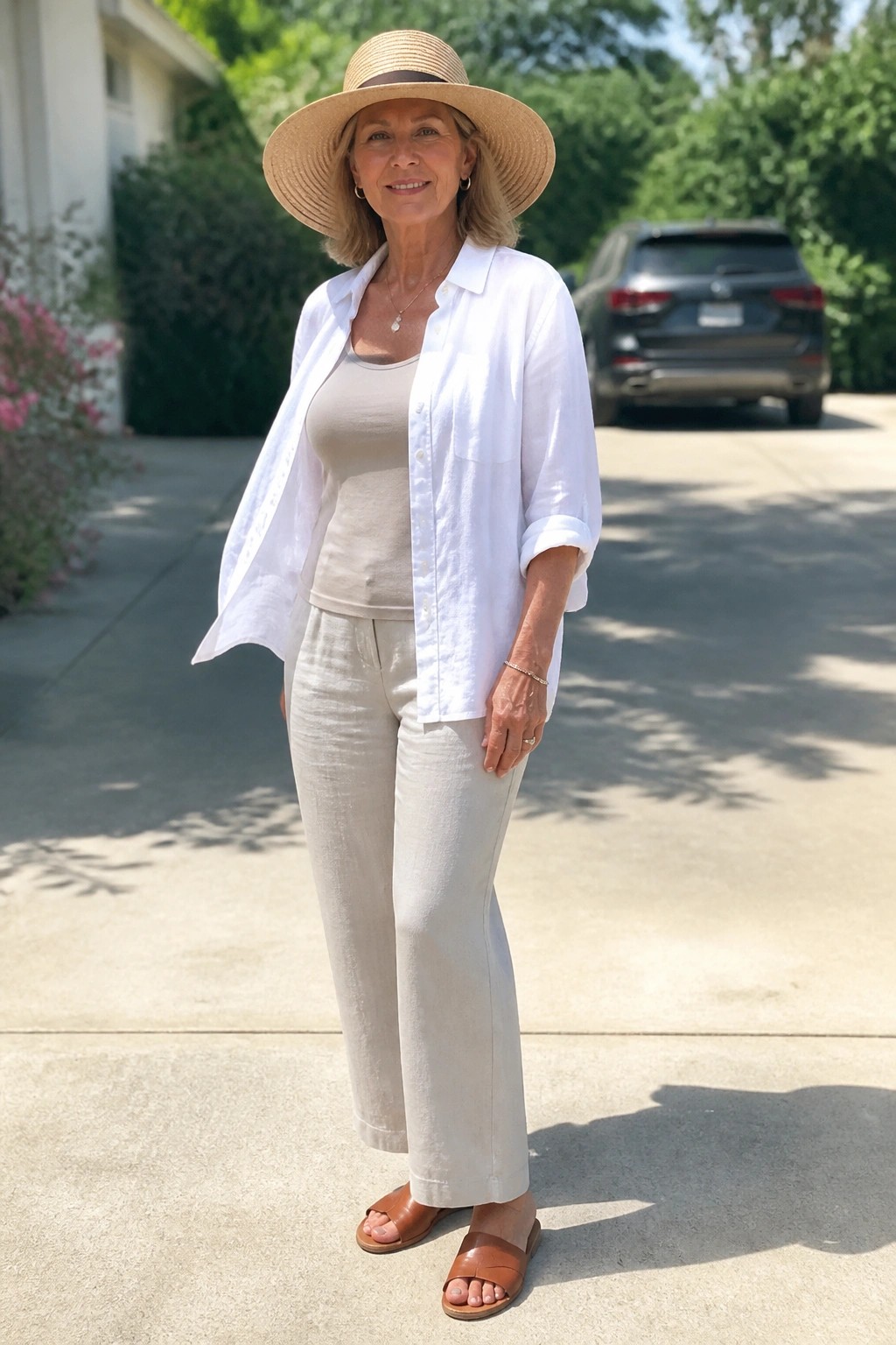 Woman in white shirt, beige pants, and wide-brimmed straw hat on driveway
