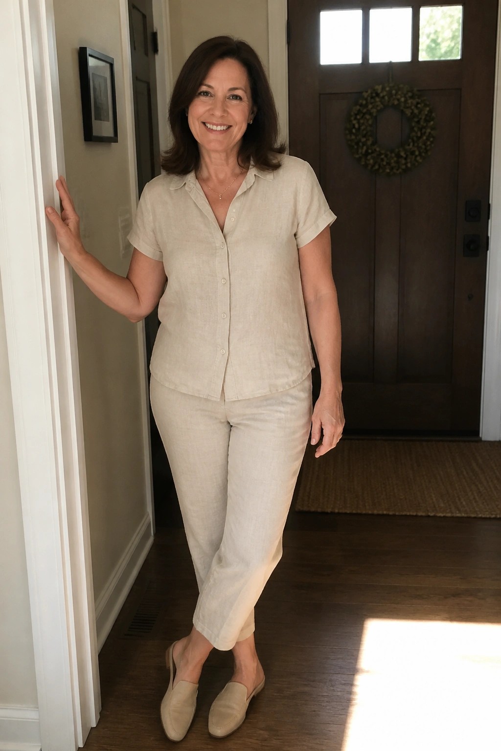 Woman in beige linen shirt and pants smiling in home entryway by door