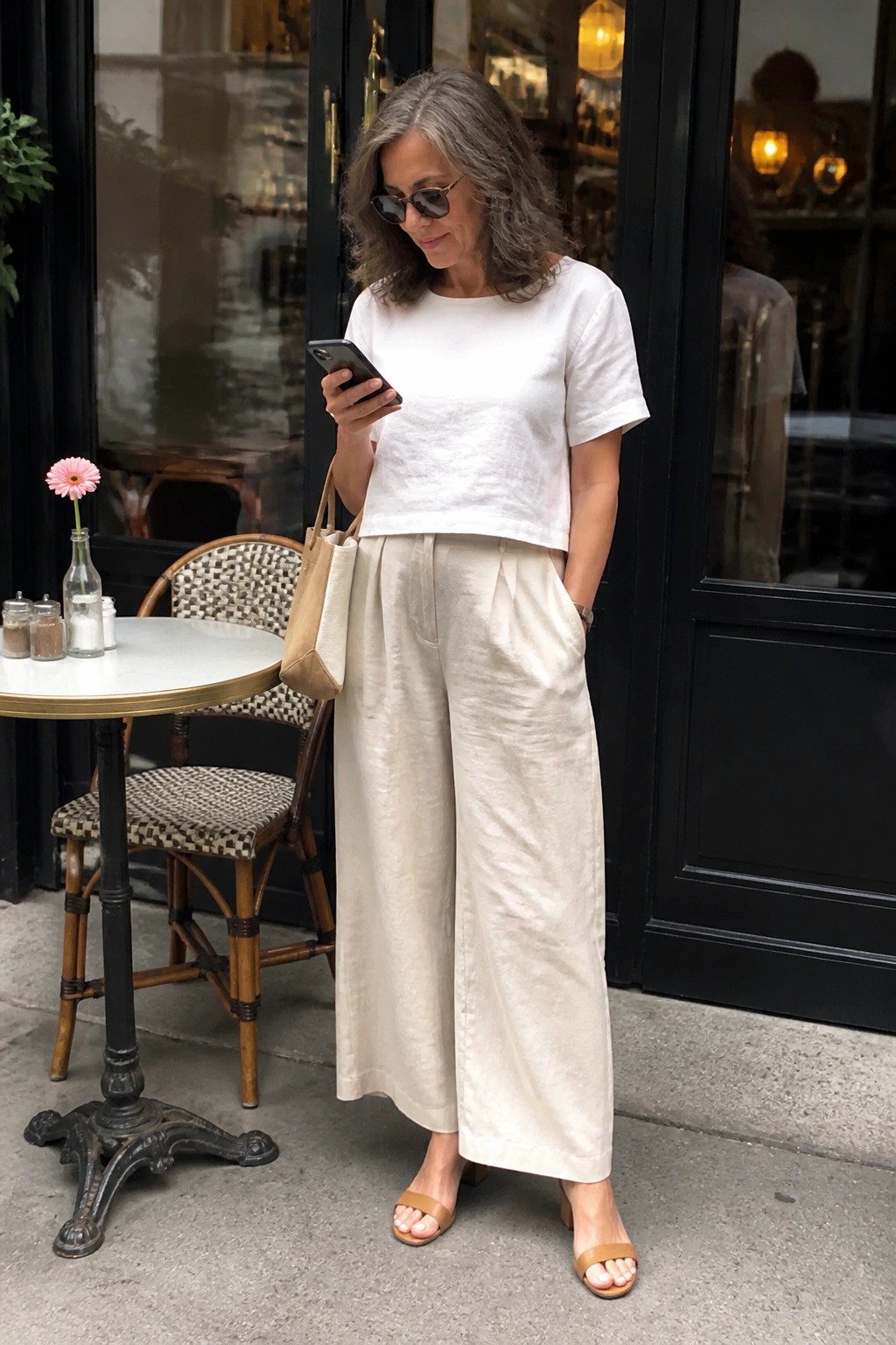 Gray-haired woman in white top and beige pants checks phone at cafe table.